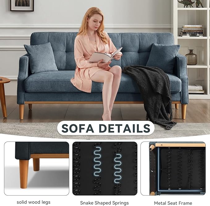 Sofa Couch with Thick CushionCouple Loveseat Sofa with Waterproof Fabric3 Seat Mid-Century Modern Couch with USB Port for Apartment Living Room Office (Blue)