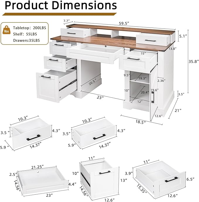 59-inch Farmhouse Home Office Desk with Charging Station – Wooden Office Study Desk with File Drawers and Storage Cabinet Barn Door Design Computer Desk for Study Living Room or Office (White)