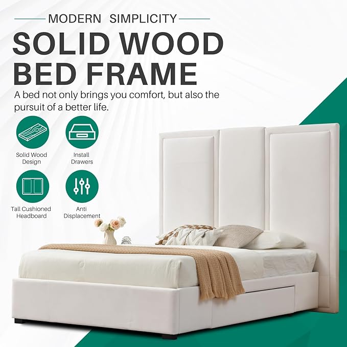 YUHUASHI Queen Size Bed Frame with 64-inch High Headboard Simple and Airy Linen Upholstered Platform Bed with Storage Drawers Wood Slat No Noise (White Queen (U.S. Standard))
