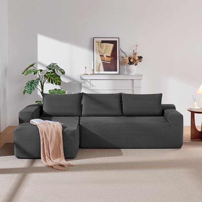 96 Inch Cloud Sectional CouchModern Modular Sectional Sofa with Deep SeatCorduroy Boneless Couches with L-Shape Chaise for Living Room BedroomNo Assembly Required (Grey Left Facing Chaise)