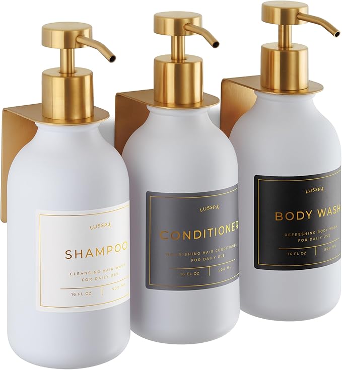 Shower Shampoo Dispenser Wall Mounted – 3 Refillable 16.9 oz White Bottles with Stainless Steel Pumps &amp No-Drill Adhesive Holders – Soap Dispenser Set for Bathroom (3 X White/Gold)