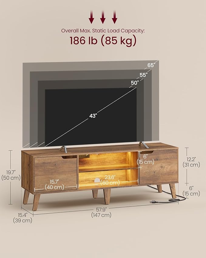 VASAGLE TV Stand with Charging Station for 65-Inch TVs Entertainment Center with LED Light 57.9-Inch Long Media Console Table Transitional Style for Living Room Bedroom Honey Brown ULTV560K01