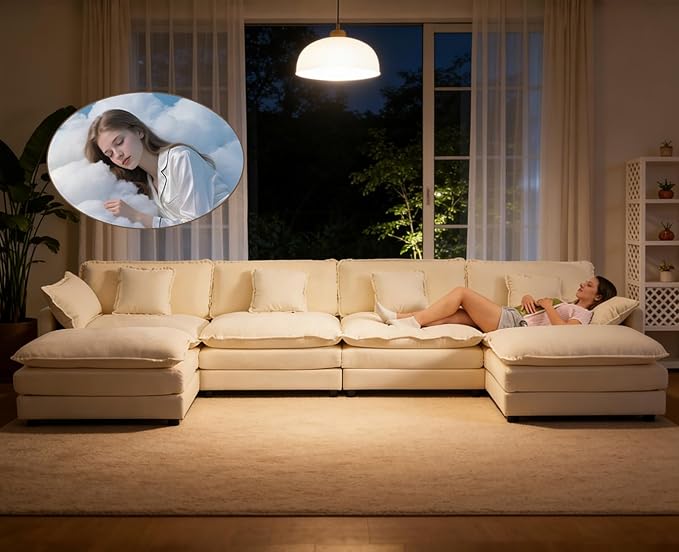Oversized Modular Sectional Sofa Large U Shaped Couch with Deep Seat Chenille Cloud Couches for Living Room Convertible 6 Seater Sectional Sofa for Spacious Space Beige White