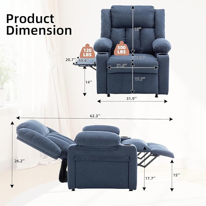 Power Recliner Chair Upholstered Recliner Heating Vibration Massage with Side Pockets Side Table &amp 2 Cup Holders for Living Room &amp Home Theater (Navy)