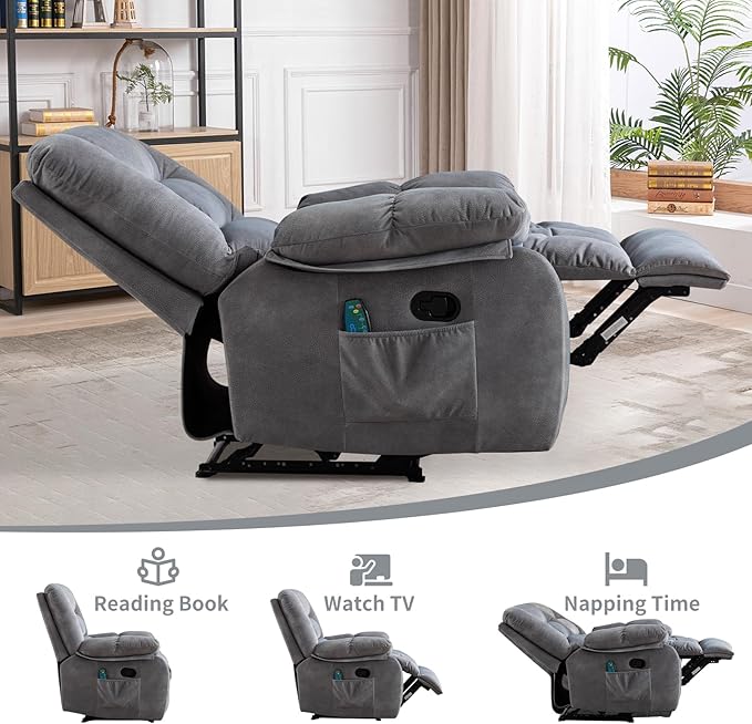 Massage Recliner Chair with Heat and Massage Ergonomic Overstuffed Breathable Fabric Reclining Chairs Single Sofa Chair with Side Pockets for Living Room Home Theater (L-Gray)