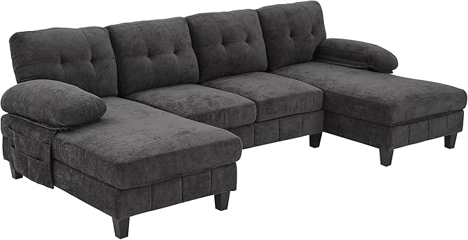 103.5 U-Shaped Sectional Sofa Modern Chenille Fabric Couch with Dual Chaise Lounges Side Storage Pockets and Armrest Pillows for Living Room (Black//16)