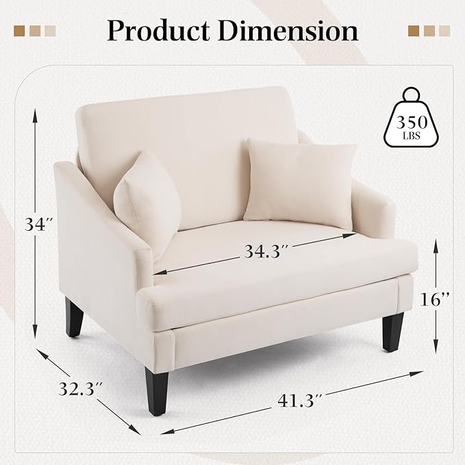 Bezseller Oversized Accent Chairs Set of 2 41'' Wide Accent Chairs with 2 Pillows for Living Room &amp Bedroom Modern Reading Chair Upholstered Single Sofa Chair Comfy Living Room Chair Beige