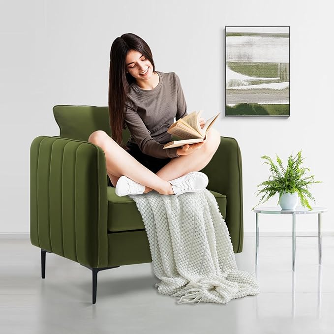 Velvet Accent Chair Mid Century Modern Single Arm Chair Comfy Living Room Reading Bedroom Lounge 6.3 Inch Upholstered Cushioned Black Metal Legs (Green Sofa Chair Set of 2)