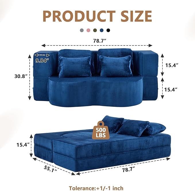 2-in-1 Folding Sofa Bed with Pillow No Assembly Futon Twin Size Sofa Bed Breathable Velvet Convertible Couch Bed for Living Room and Guest Room 78.7 Inch Blue