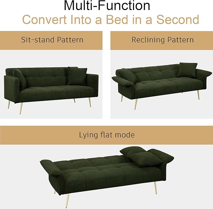 Convertible Sofa Bed Futon Couch Bed with Adjustable Arms and Backrest Modern Love Sofa with Gold Metal Legs for Living Room Bedroom (Teddy Fabric in Green 70.1 Wx31.1 Dx31.5 H)