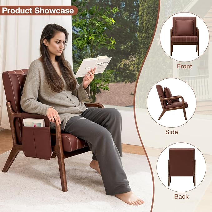 HOMMPA Mid-Century Modern Accent Chair Set of 2 Comfy Reading Armchair with Solid Wood Frame &amp Lumbar Pillow Upholstered Linen Lounge Chair with Side Pocket for Living Room BedroomBalcony (Bro