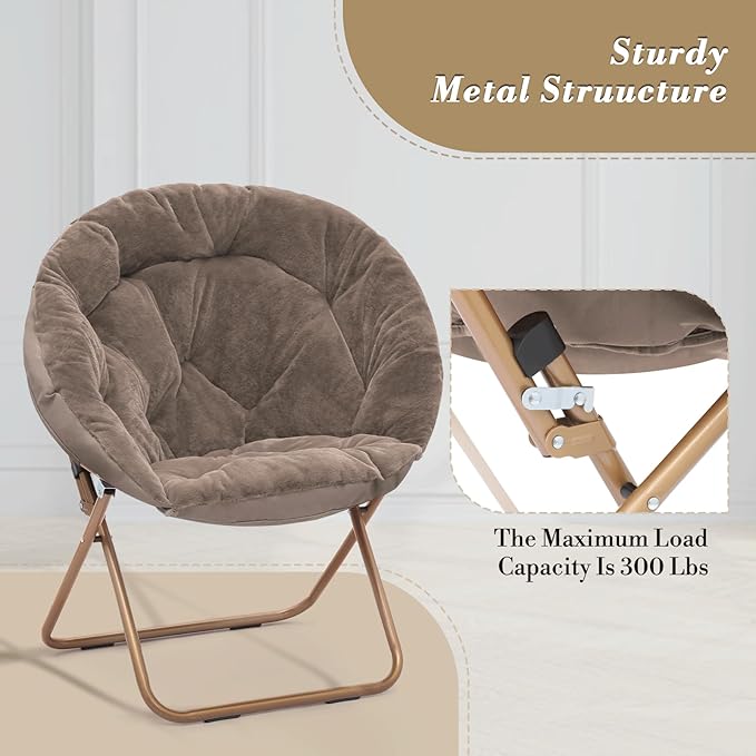 Athena Collection Round Saucer Chair with Ottoman Set for Adults Oversize Comfy Cozy Faux Fur Folding Reading Chair with Metal Leg Lazy Relaxing for Living Room Bedroom Dorm Apartment Beige
