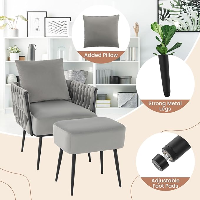 Giantex Velvet Accent Chair with Ottoman Modern Comfy Arm Chair w/Solid Metal Frame Pillow Max Load 330 Lbs Upholstered Single Sofa Chair w/Footrest Reading Chair for Bedroom Living Room Grey