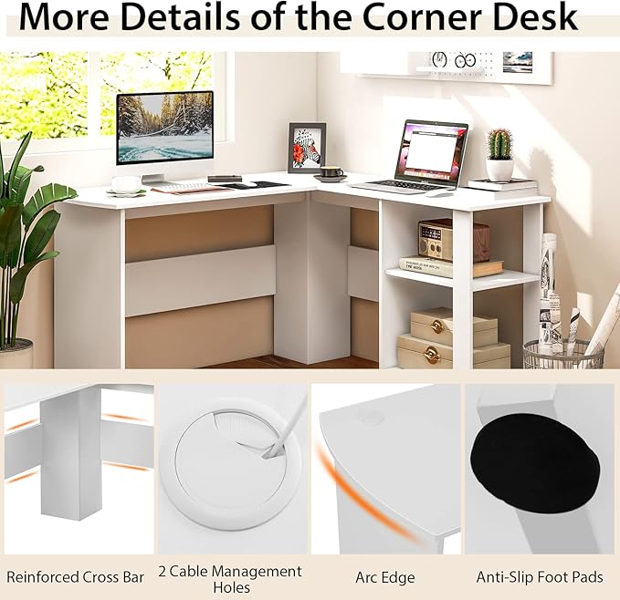 Tangkula White L Shaped Desk with Storage Shelves Wooden Corner Computer Desk Space-Saving Home Office Workstation Gaming Desk Writing Study Desk L Shaped Office Desk