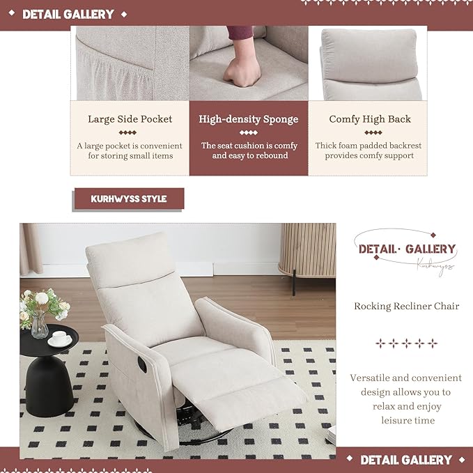 Rocking Recliner Chair with Heat and Massage 360° Swivel Glider Rocker with Reclining Backrest and Footrest Modern Nursery Rocking Chairs for Adults for Bedroom Living Room Office (Beige)
