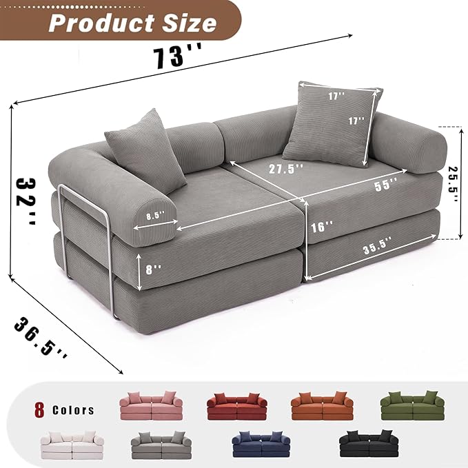 Convertible Modular Couch Sofa Bed 4 in 1 Sleeper Floor Sofa with Folding Mattress Corduroy Fold Out Boneless Couch Bed with 2 Pillows Comfy Foldable Lounge for Living Room Bedroom Grey