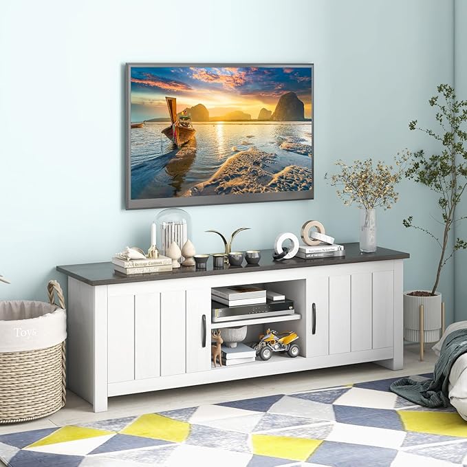 Tangkula 2 Doors TV Stand for TVs up to 65” 57” TV Console Table w/ 2 Cabinets &amp Open Shelves Media Entertainment Center w/ 2 Cable Management Holes Wood TV Cabinet for Living Room (Dark Brown)