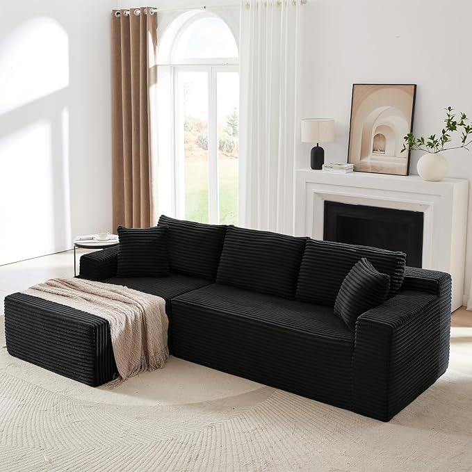 Boneless Couch for Living Room 104 Inch Cloud sectional Couch with Deep Seat Corduroy Modular Sectional Sofa with L-Shape Chaise No Assembly Required (Black Left Facing Chaise)