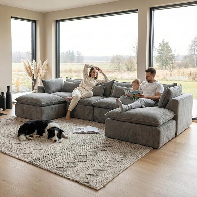 130 Oversized Cloud Sectional Sofa U Shaped Boneless 4-Seater Modular Couch with Ottoman Extra Deep Seat Compressed Foam Sofa for Living Room Gray