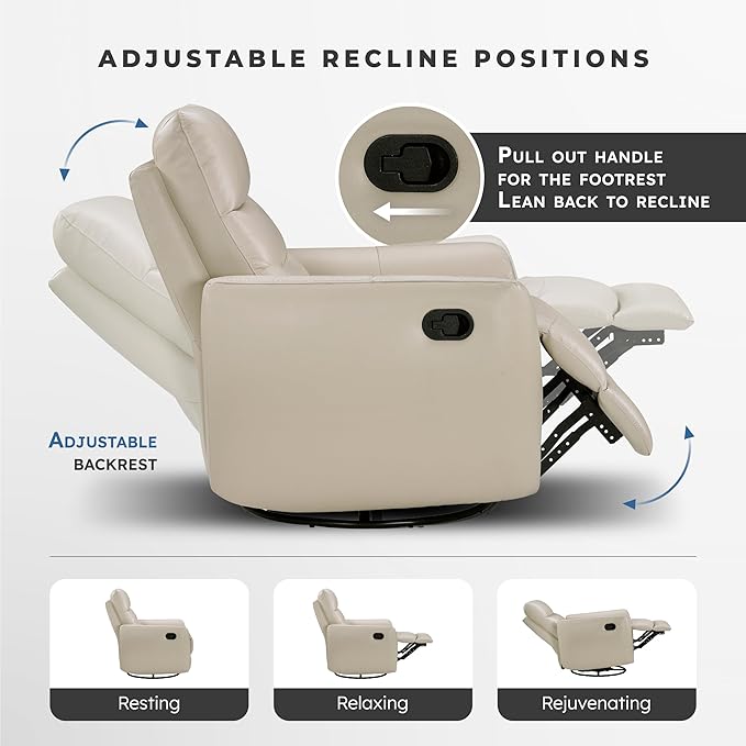 Lexicon 360 Degree Swivel Glider Reclining Chair Manual Tab Pull Recliner Leather Match Swivel Glider Recliner with Plush Foam Sturdy Frame for Living Room/Office/Bedroom Taupe