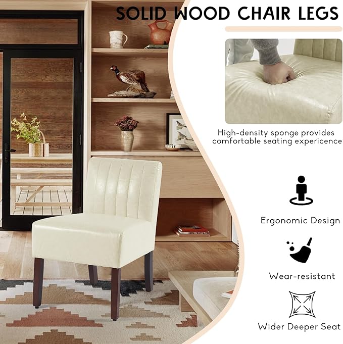 Armless Accent Chairs Upholstered Bedroom Chairs Living Room Chairs with Solid Wood Leg Leather Reading Chair for Adults Comfy Chair for Bedroom Vanity Kitchen (Beige)