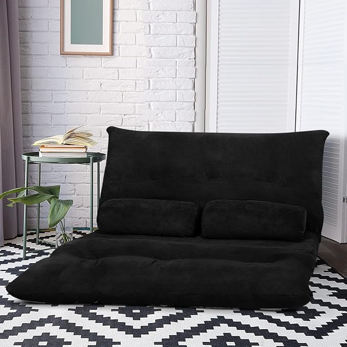Giantex Adjustable Floor Sofa Couch with 2 Pillows Multi-Functional 6-Position Foldable Lazy Sofa Sleeper Bed Multi-Functional Suede Floor Seating for Reading Gaming (Black)