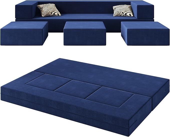Folding Sofa Couch Queen 3-in-1 Floor Couch Bed Velvet Foam Sleeper with 3 Ottomans Removable Cover Futon Convertible Sofa Bed for Living Room/Guest/Play Room/Office/Dorm(Dark Blue)