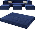 Queen 80 Folding Bed Couch Convertible Velvet Memory Foam Sofa Bed with Removable Velvet Cover3 OttomansFloor Sofa Sleeper Mattress for Guest Office Living Room Deep Blue
