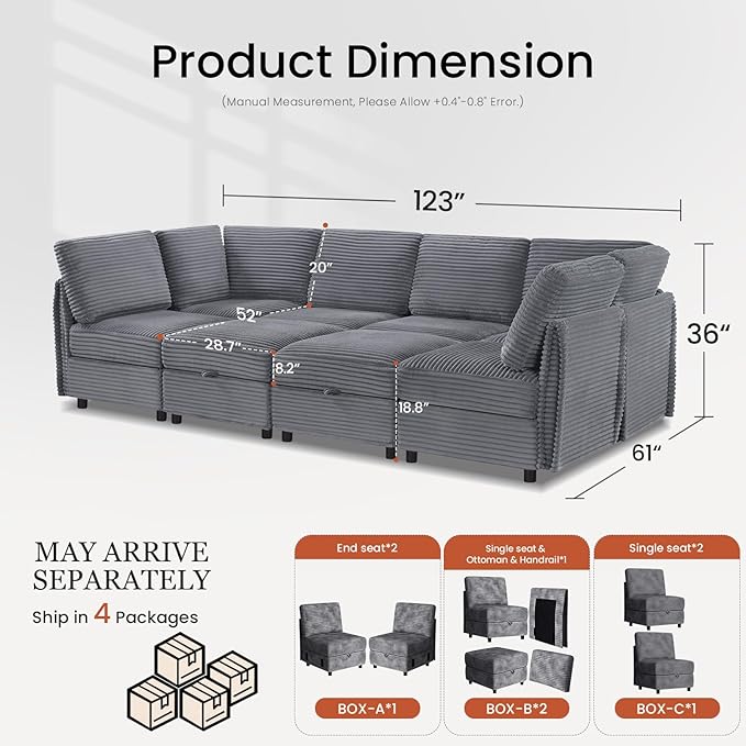 KKL Modular Sectional Sofa Bed with Storage Ottoman Convertible L/U/J-Shaped Sleeper Couch Plush Wide-Wale Corduroy for Living Room Apartment Modern Design Gray