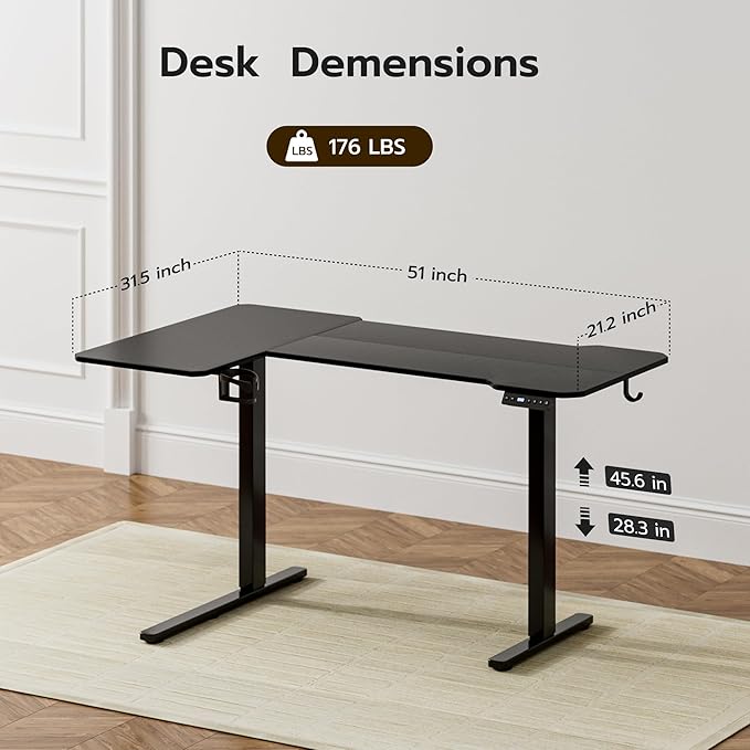 51 Reversiable L-Shaped Electric Standing Desk Adjustable Height Gaming Stand Up Corner Desk Sit Stand Home Office Computer Desk with Splice BoardBlack Top