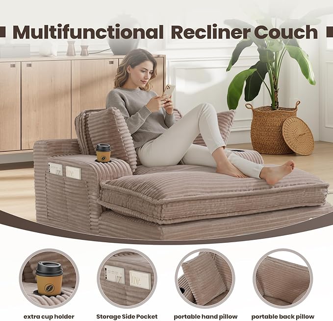 67 Chaise Lounge Chair Indoor Cozy Oversized Fluffy Sofa with Cup Holders &amp Throw Pillows Boneless Sleeper Cloud Couch for Living Room Movie Room and Apartments Camel