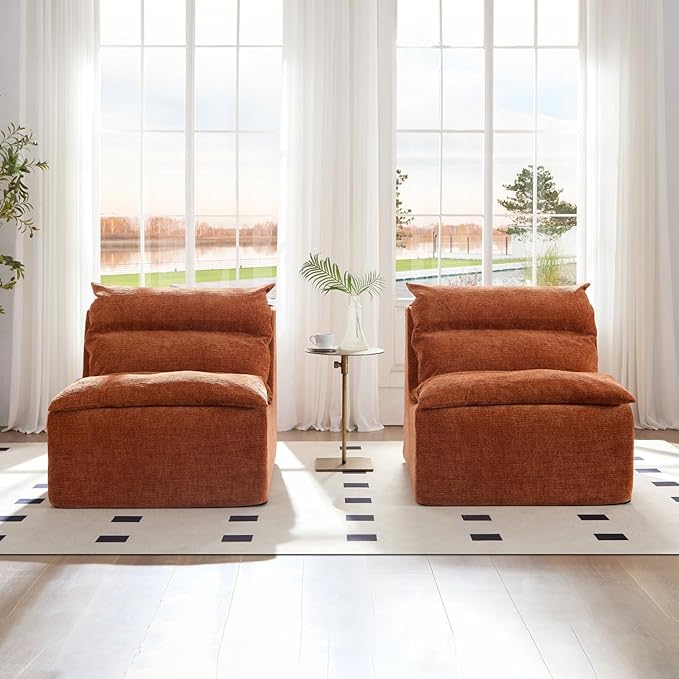 Accent Armless Chair Lazy Floor Seating Single Chair Sofa Lounger Leisure Accent Single Couch with Backrest for Living Room Bedroom Office Single Seat Orange
