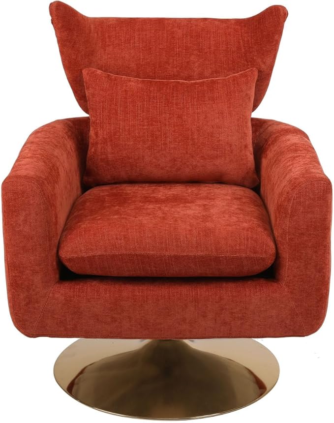 Swivel Accent Chairs for Living Room Mid Century Modern Accent Chair with Arms Comfy Side Chairs for Living Room with Gold Base &amp Lumbar Pillow Upholstered Armchair with Wingback (Orange)