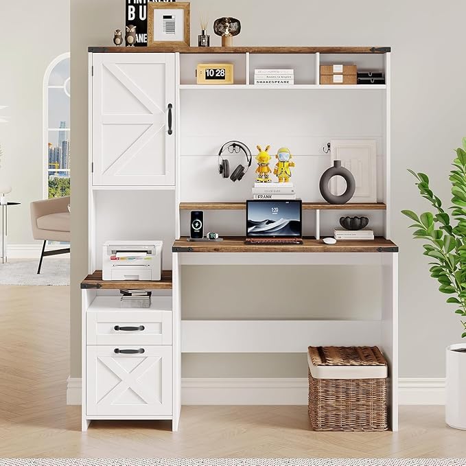 Farmhouse Executive Desk 51 Computer Desk with 2 Drawers Storage Cabinet and RGB LED Lights Power Outlets Wood Home Office Desk with Hutch and Monitor Stand for Work Study Writing Rustic White