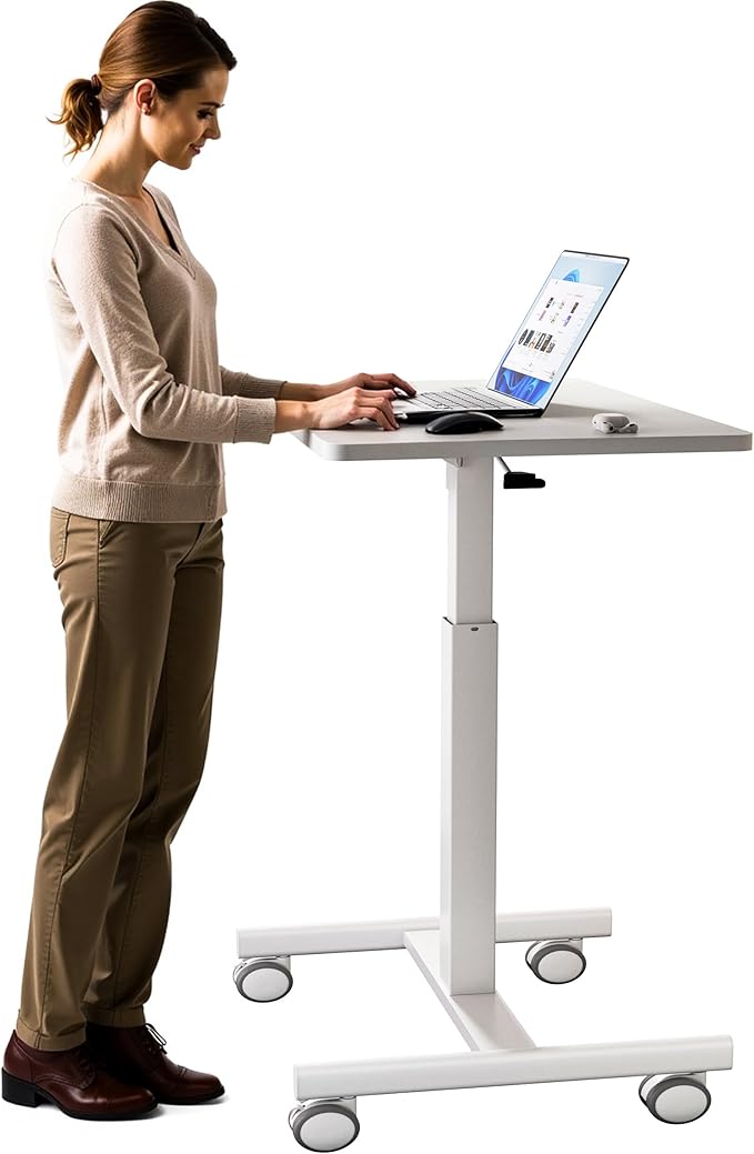 Mobile Laptop Standing Desk Adjustable Height Small Mobile Desk Workstation with Wheels Portable Rolling Computer Desk Cart for Home Office Classroom (White)