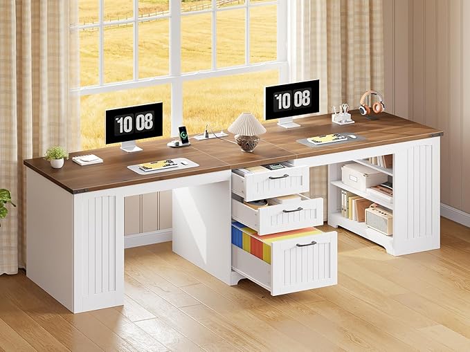 HOOBRO 94.5 Computer Desk with Power Outlet 2 Person Office Desk with Drawers Farmhouse Double Desk for Home Office A4/Letter Size Adjustable Shelves White and Walnut WH240UDN01