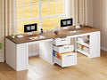 HOOBRO 94.5 Computer Desk with Power Outlet 2 Person Office Desk with Drawers Farmhouse Double Desk for Home Office A4/Letter Size Adjustable Shelves White and Walnut WH240UDN01