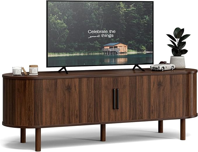 TV Stand for TVs up to 60 Inch Entertainment Center with Sliding Doors and Adjustable Shelf Modern TV Console with Storage for Living Room Bedroom Walnut