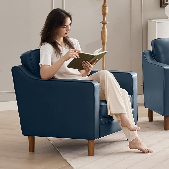 Kingfun Accent Chair Set of 2 Living Room Chairs Faux Leather Reading Armchair Mid Century with Solid Wood Foot Upholstered Modern Decor for Bedroom Apartment Blue