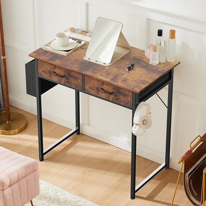 Sweetcrispy Computer Desk Small 32 Inch Home Office Bedroom Writing Study PC Table with Fabric Storage Drawers Space Side Bag Headphone Hook Adjustable Feet Modern Simple Style Rustic Brown