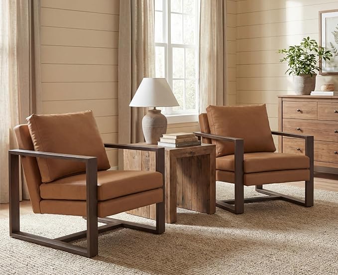 CIMOTA Modern Mid Century Accent Chairs Set of 2 Comfy Armchairs with 8.5 Thick Cushion &amp Armrests Upholstered Leather Reading Lounge Chairs with Walnut Frame for Living Room Bedroom Office Brow