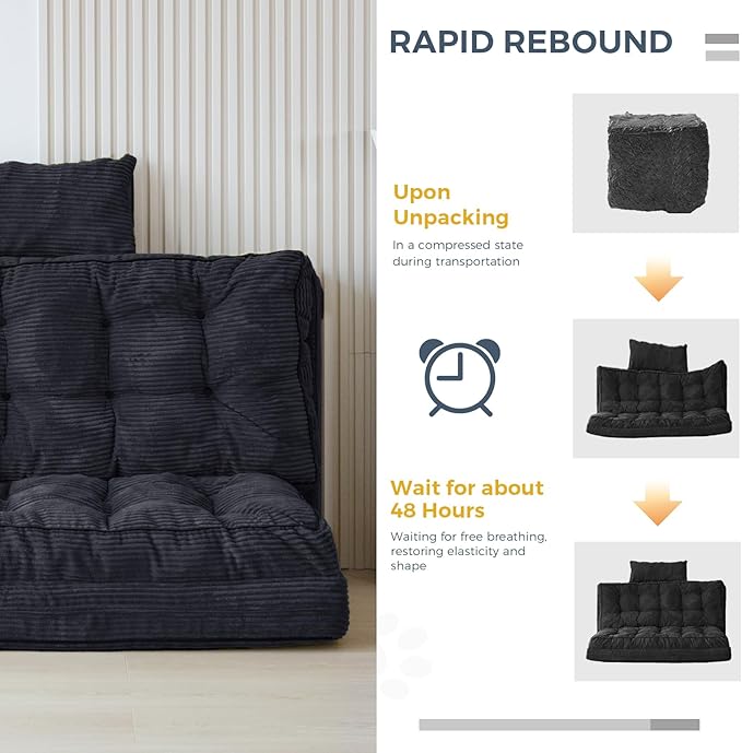 MAXYOYO Folding Sofa Bed Tufted Bean Bag Bed with Pillows Floor Mattress for Adults Extra Thick and Long Floor Sofa Twin Couch for Bedroom Living Room Black 39x91 Inch