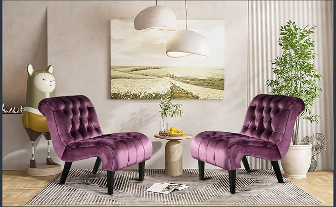 KINFFICT Velvet Accent Lounge Chair for Living Room Modern Leisure Chair with Tufted Backrest Indoor Armless Side Chair Upholstered Bedroom Sleeper Chairs with Solid Wood Legs