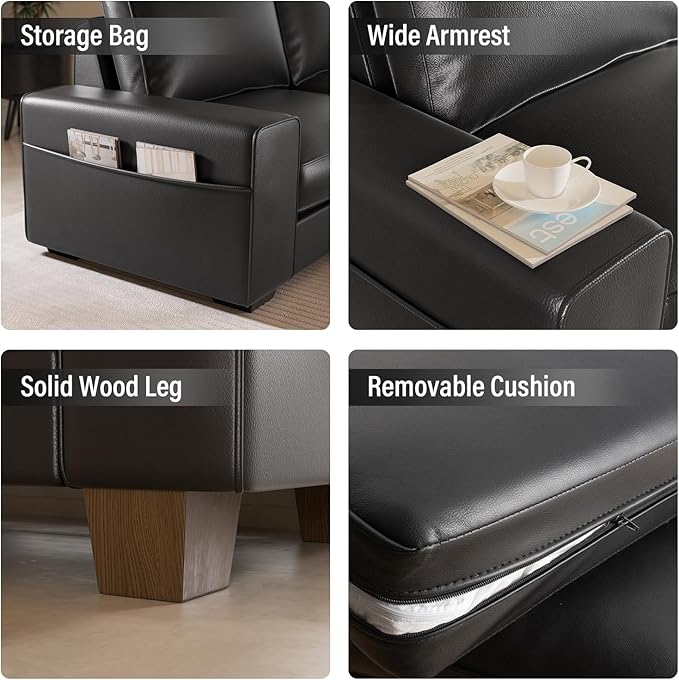 Faux Leather Couch Mid Century Modern Comfy Loveseat Sofa with Wide Arm Side Pockets Solid Wooden Frame for Office Living Room and Bedroom 3 Seater (Black 88.58 inches)