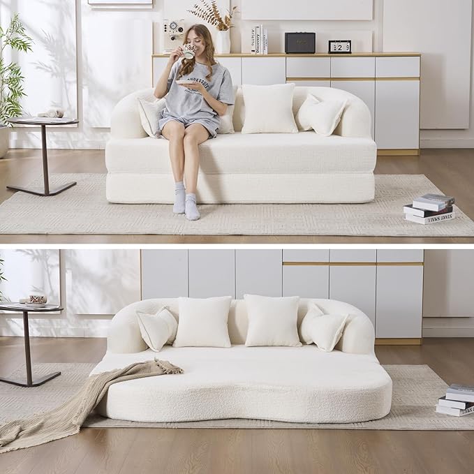 69.9 Folding Sofa Bed Full Sponge Convertible Sofa Bed with Wood Grain Chenille Fabric Easy to Carry Multi-Functional Guest Bed for Living Room Apartment Office