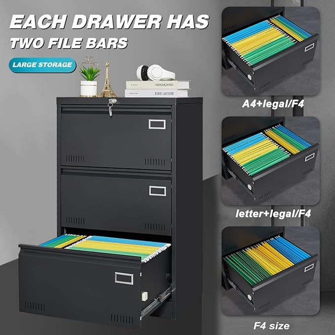Metal Lateral File Cabinet with 3 Drawers Office Filing Storage Locking Cabinet for Home Office Heavy Duty Office Storage Cabinet for Legal/Letter/A4/F4 Size (Require Assembly) (Black)