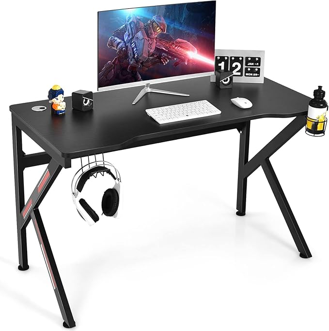 Tangkula 48 Inch Gaming Desk K-Shaped Racing Style PC Computer Desk with Cup Holder &amp Headphone Hook Gamer Workstation with 2 Cable Management Holes Ergonomic Home Office Desk for Gaming (Black