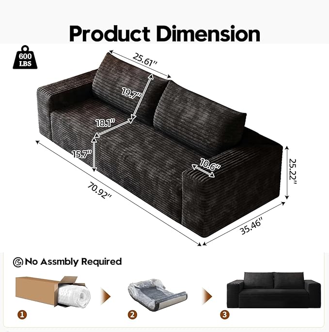 71 Cloud Loveseat Sofa Modern Corduroy Boneless Couch with Deep Seat Memory Foam Comfy 3 Seater Foam Floor Couches for Living Room Bedroom Apartment No Assembly Required (Black 71+3 Seaters)