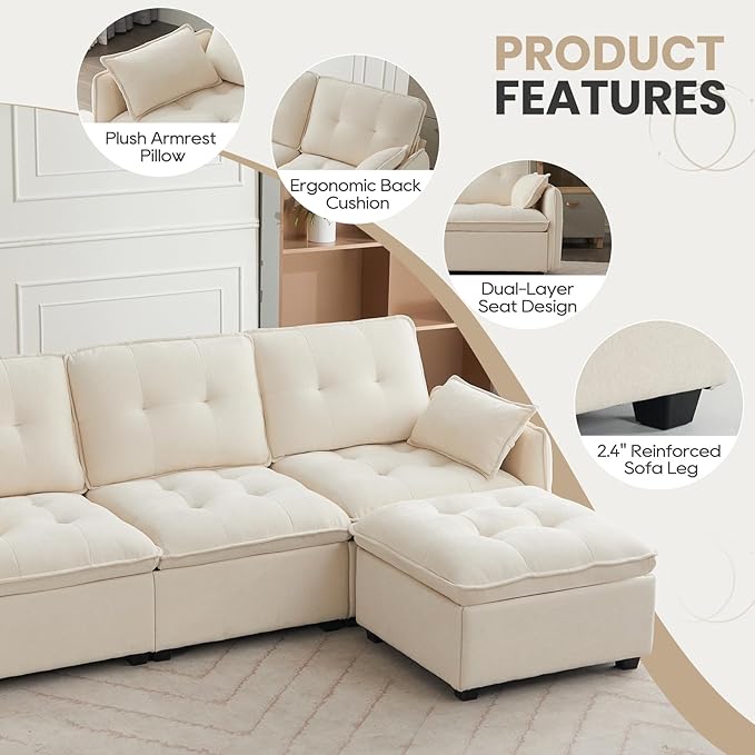 98 L Shaped Couch Modular Sectional Sofa Comfy Cloud Couch with Movable Ottoman 3 Seater Chenille Sleeper Deep Seat Sofa with Throw Pillows for Living Room Office (Beige 3-seat)