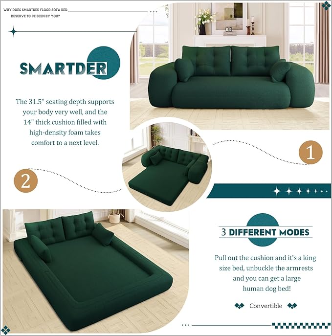 Convertible Sofa Bed with Folding Mattress Oversized Human Dog Bed 3-in-1 Sleeper Couch with Pillows and Thick Armrests 78.7 King Size Floor Sofa for Living Room Bedroom Guest Room Green Teddy